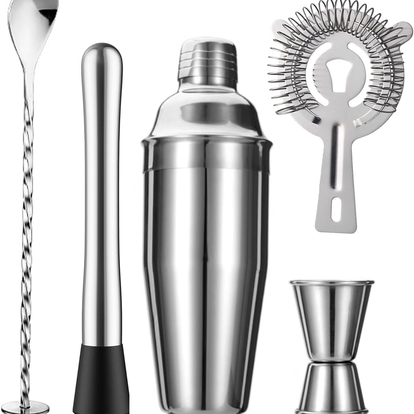5-Piece Cocktail Shaker Set 24oz Shaker Strainer Muddler Jigger Mixing Spoon Pour Spout Bartender Kit Stainless Steel Bar Set Housewarming Gift